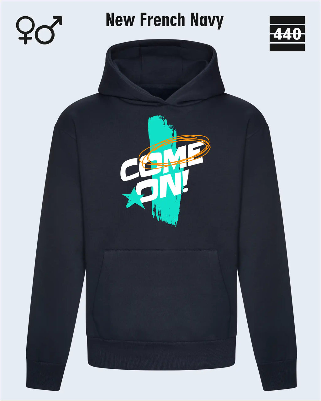 Das Bild zeigt den Heavyweight Design-Hoodie JH120 von just hoods in der farbe new french navy mit dem temperamentvollen motiv "come on".