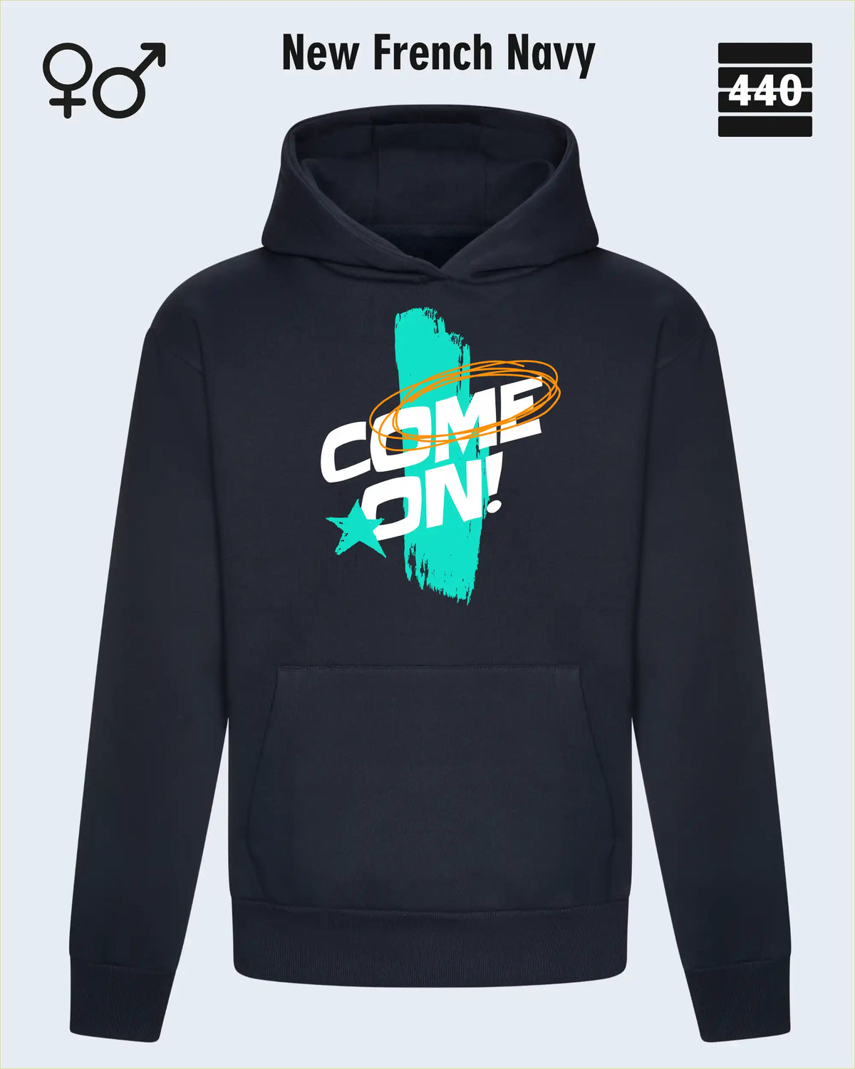 Das Bild zeigt den Heavyweight Design-Hoodie JH120 von just hoods in der farbe new french navy mit dem temperamentvollen motiv "come on".
