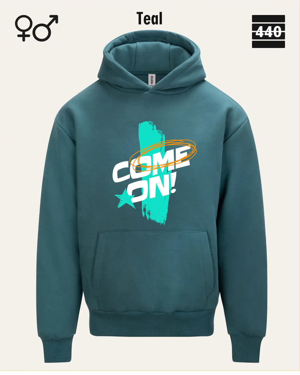 Das Bild zeigt den Heavyweight Design-Hoodie JH120 von just hoods in der farbe teal mit dem temperamentvollen motiv "come on".