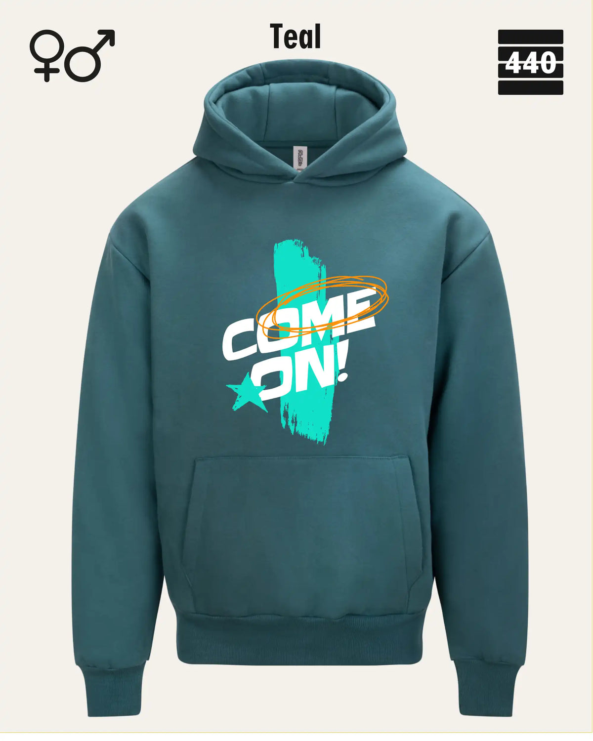 Das Bild zeigt den Heavyweight Design-Hoodie JH120 von just hoods in der farbe teal mit dem temperamentvollen motiv "come on".