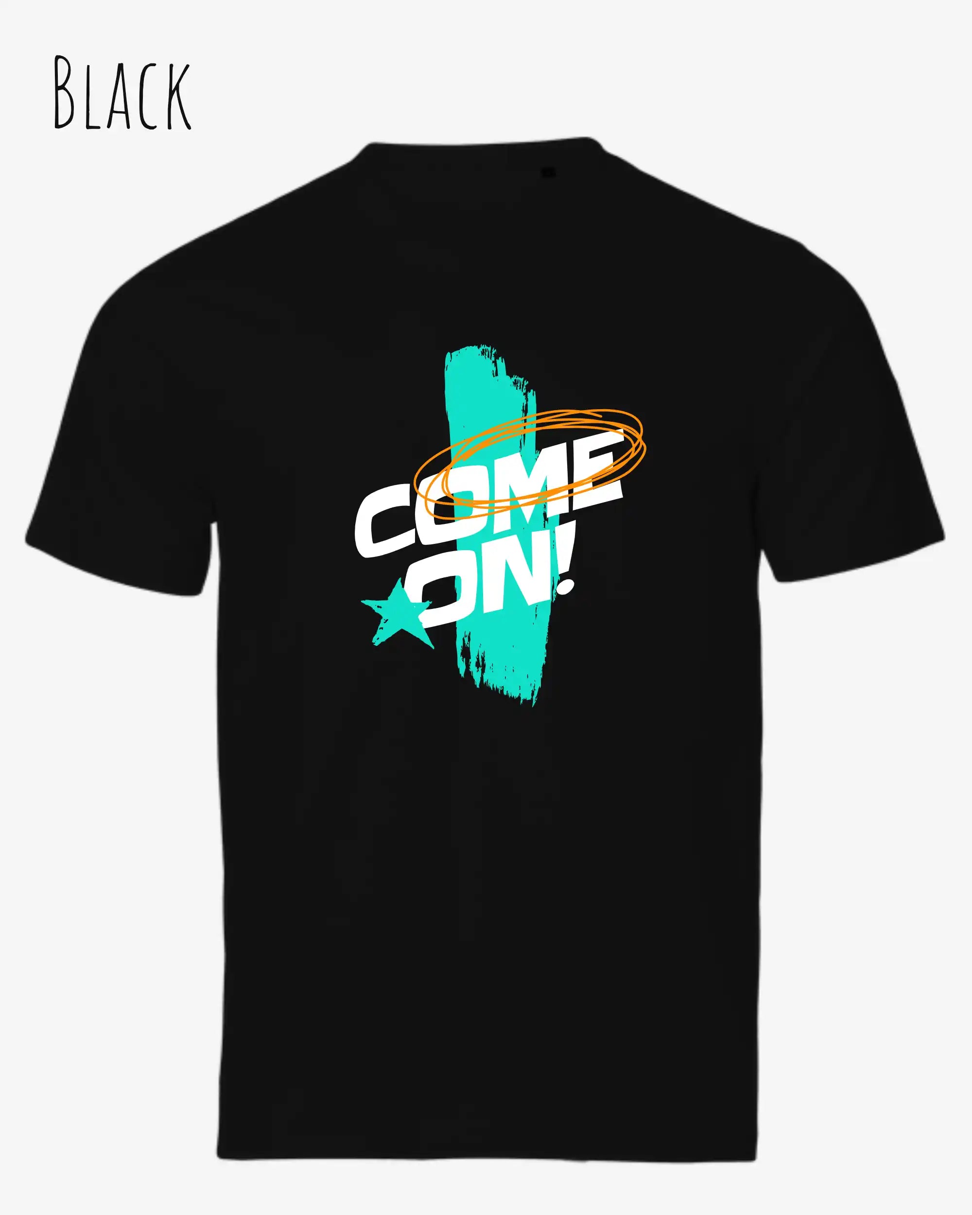 das Bild zeigt das bio design-t-shirt Tee Jays Urban Luxury Tee 1150 in black mit dem motiv come on!