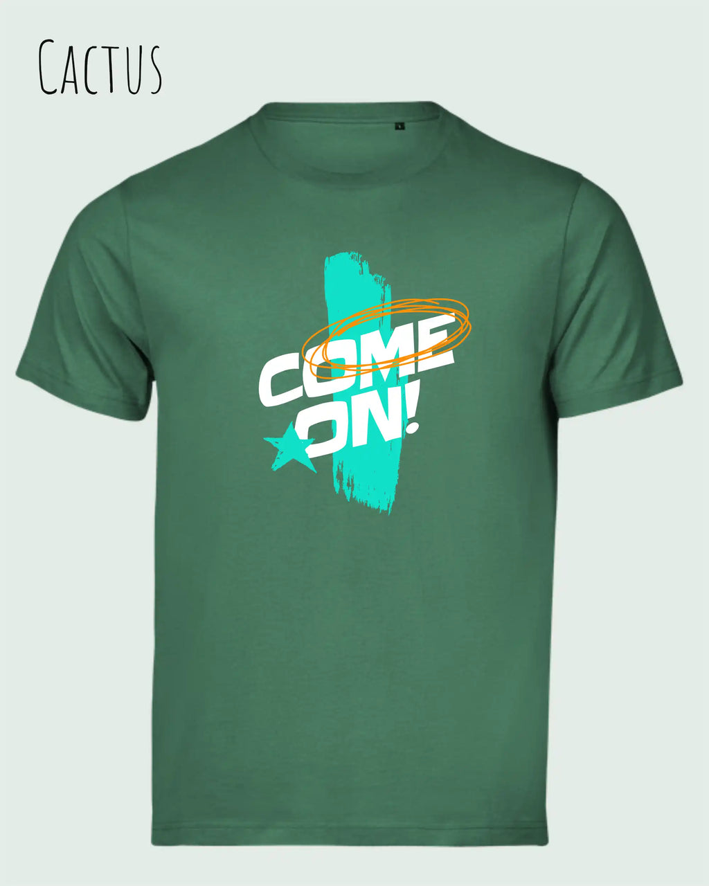 das Bild zeigt das bio design-t-shirt Tee Jays Urban Luxury Tee 1150 in cactus mit dem motiv come on!