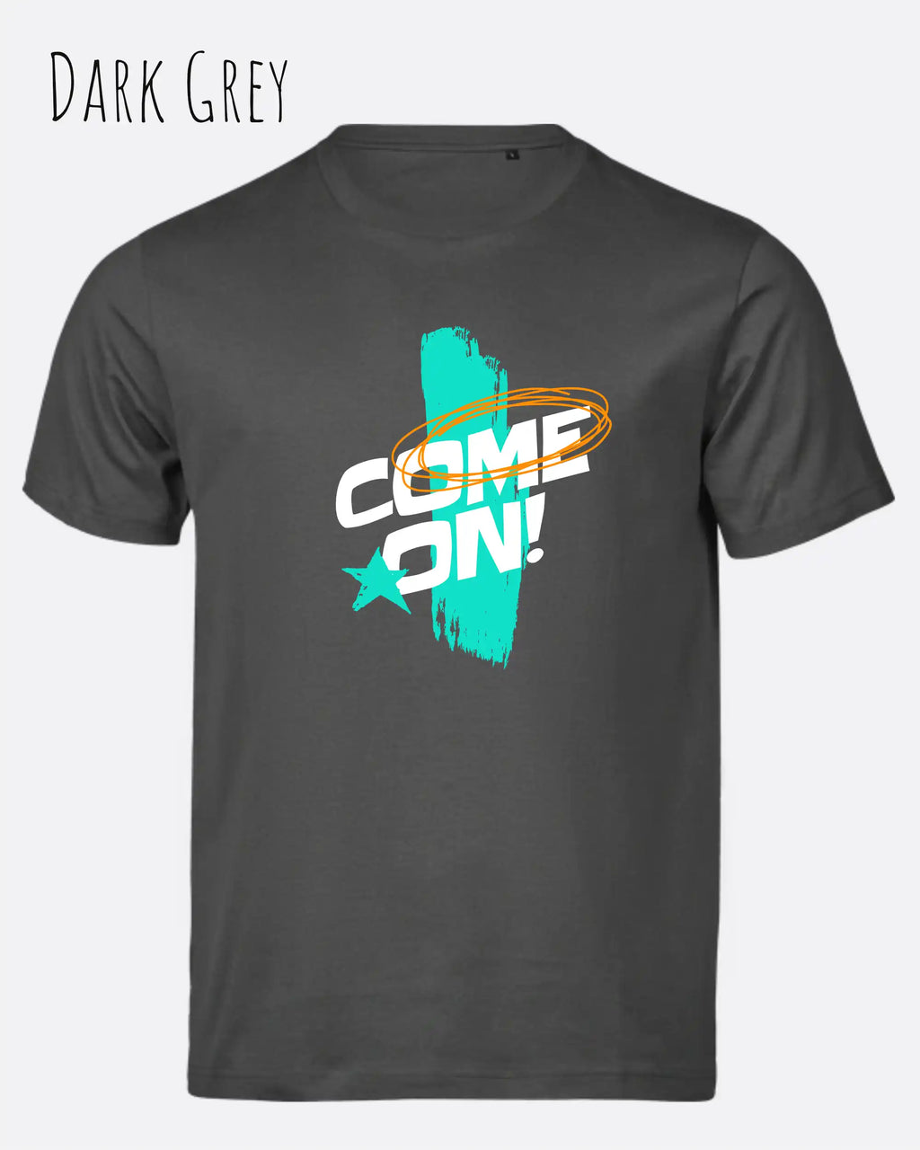 das Bild zeigt das bio design-t-shirt Tee Jays Urban Luxury Tee 1150 in dark grey mit dem motiv come on!