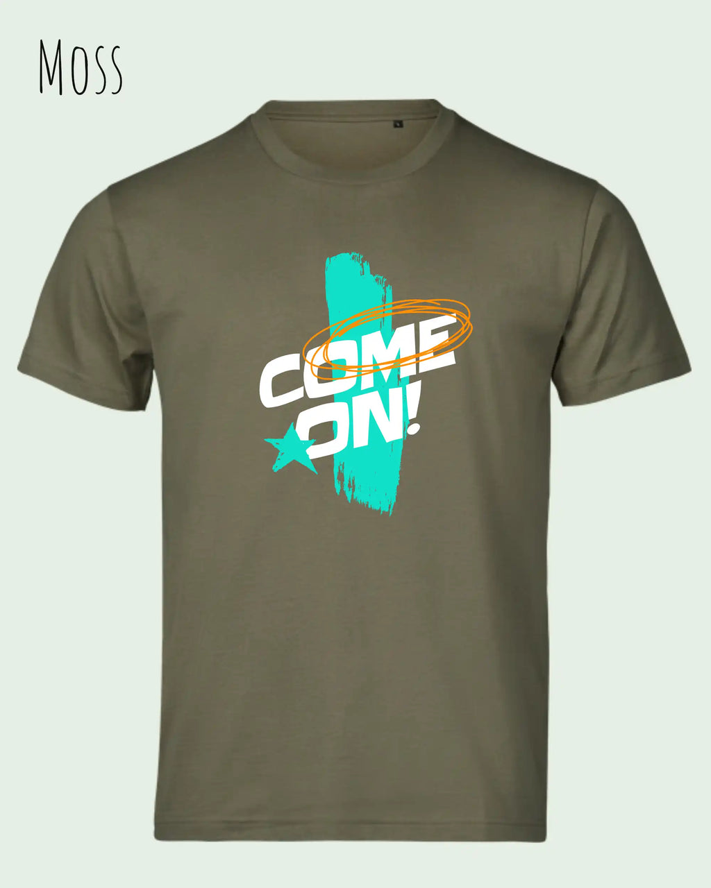 das Bild zeigt das bio design-t-shirt Tee Jays Urban Luxury Tee 1150 in moss mit dem motiv come on!