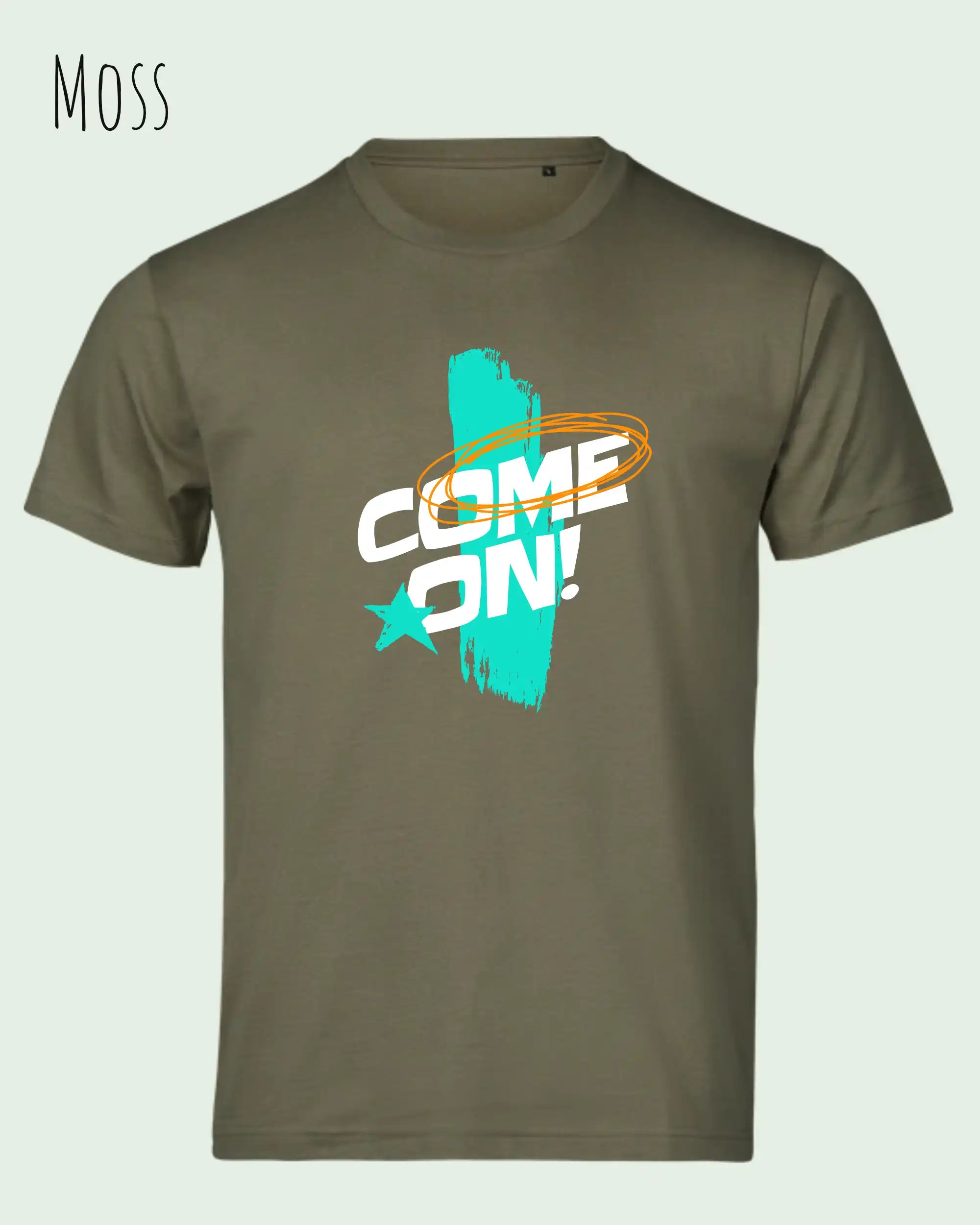 das Bild zeigt das bio design-t-shirt Tee Jays Urban Luxury Tee 1150 in moss mit dem motiv come on!