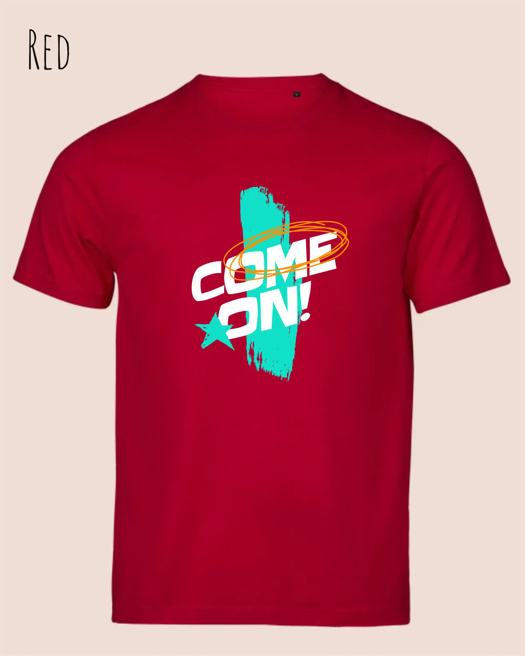 das Bild zeigt das bio design-t-shirt Tee Jays Urban Luxury Tee 1150 in red mit dem motiv come on!