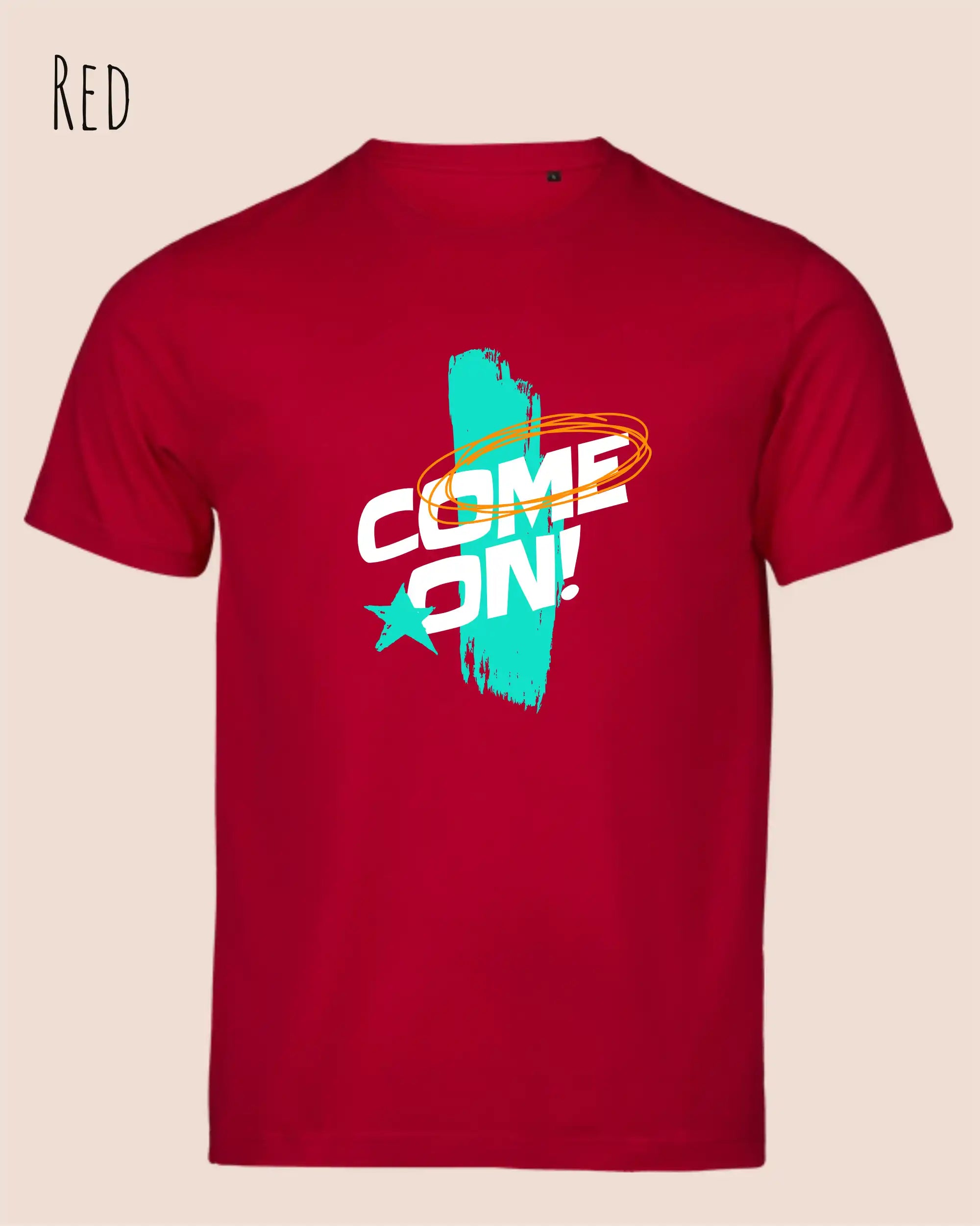 das Bild zeigt das bio design-t-shirt Tee Jays Urban Luxury Tee 1150 in red mit dem motiv come on!