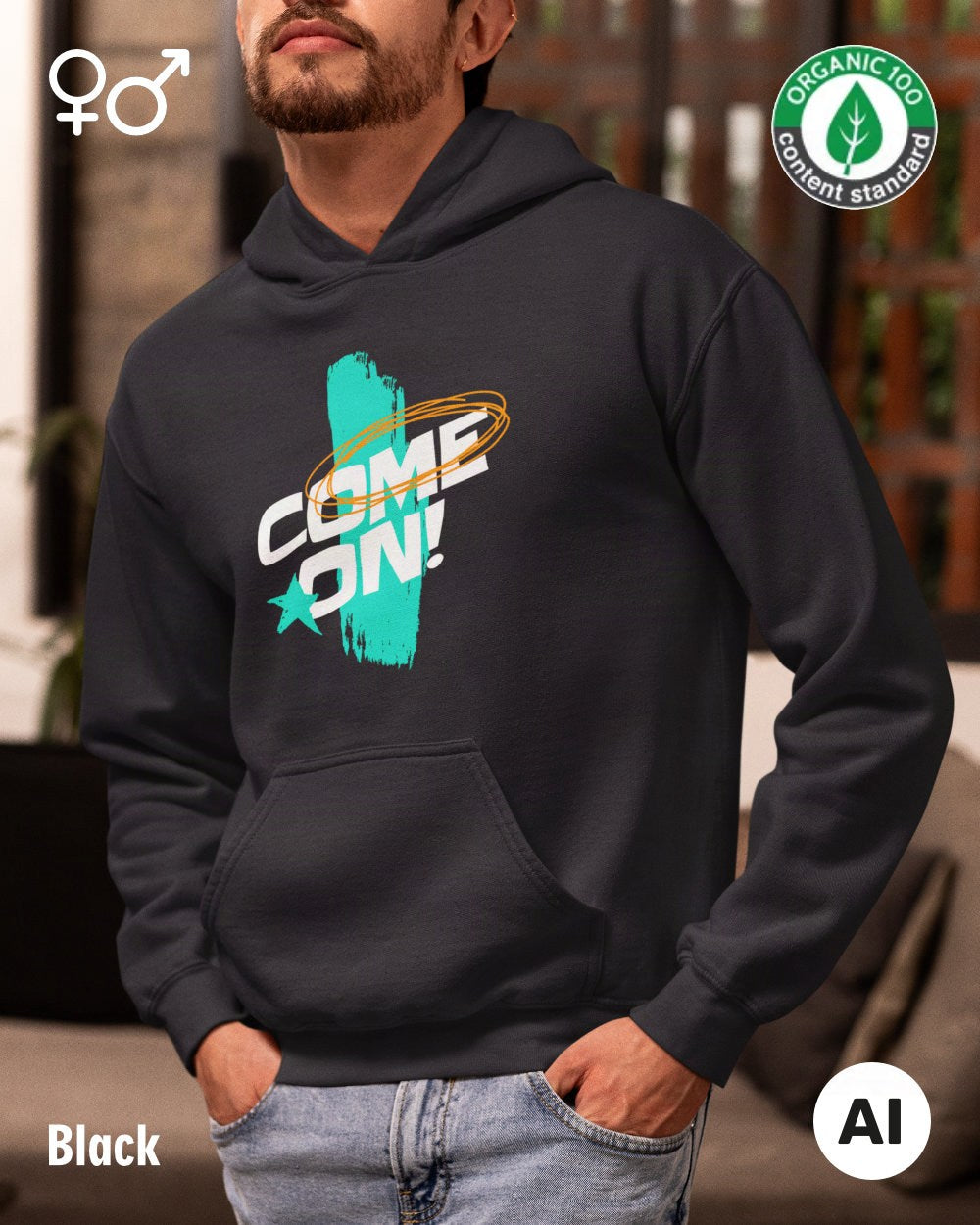 dieses bild zeigt einen mann, der einen nachhaltigen oversized hoodie in black mit dem design "come on" vorne mittig auf der brust trögt.