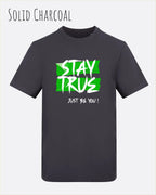 Auf diesem Bild sehen wir ein T-Shirt AWDis 180 T in der farbe solid charcoal und mit dem Design stay true,