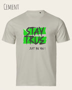 das bild zeigt das design t-shirt Tee Jays Urban Luxury Tee 1150 aus zertifizierter Baumwolle in der farbe cement mit dem statement motiv stay true, just be you.