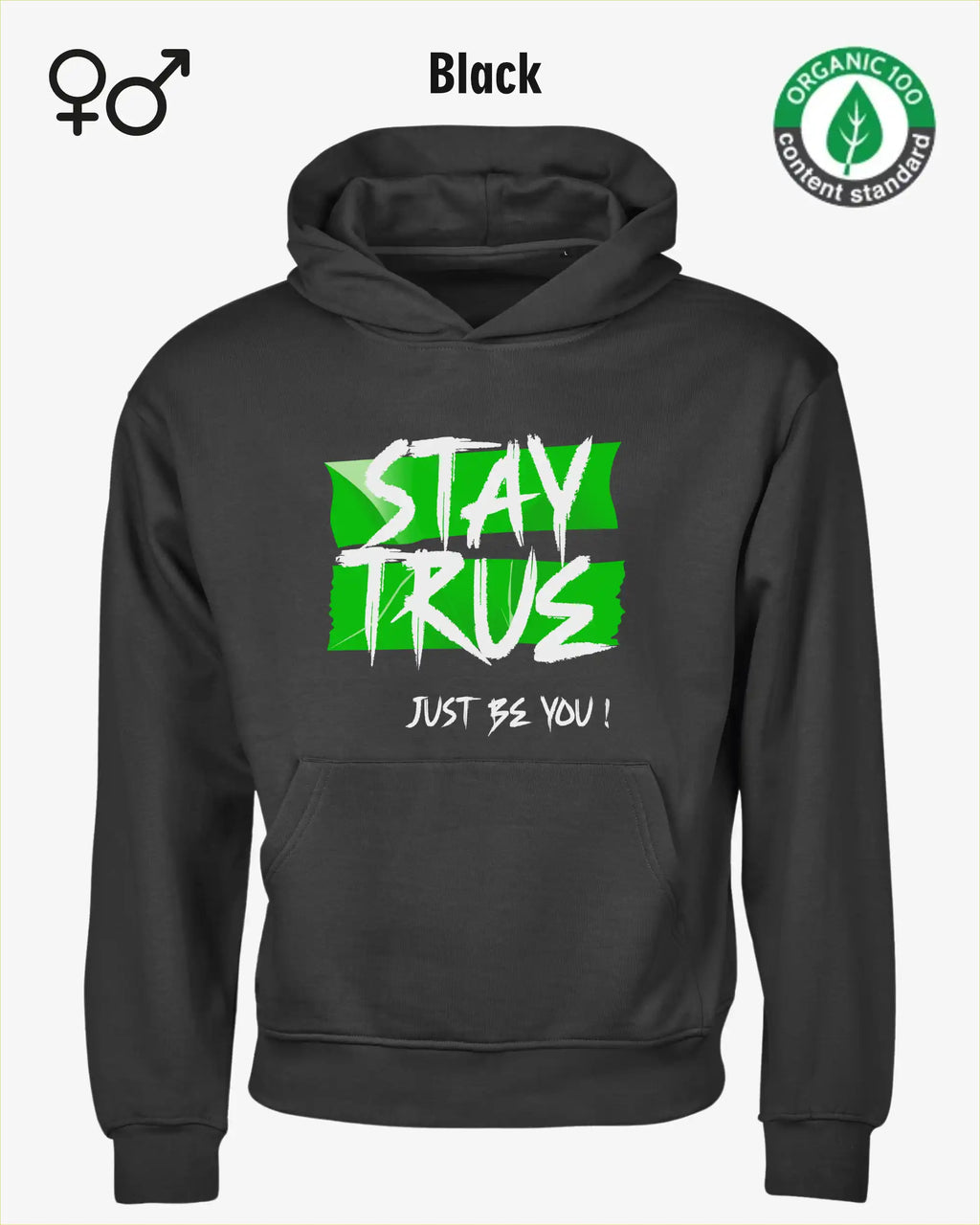 das bild zeigt das Tee Jays Heavy Loose Fit Hooded Sweatshirt 5162 in der farbe black mit dem statement "stay true".