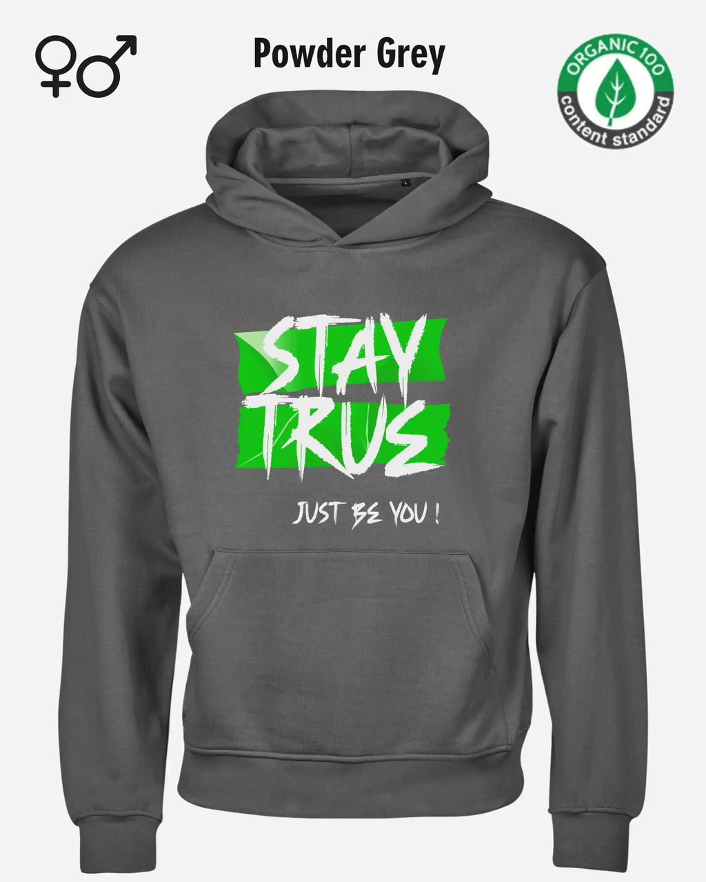 das bild zeigt das Tee Jays Heavy Loose Fit Hooded Sweatshirt 5162 in der farbe powder grey mit dem statement "stay true".