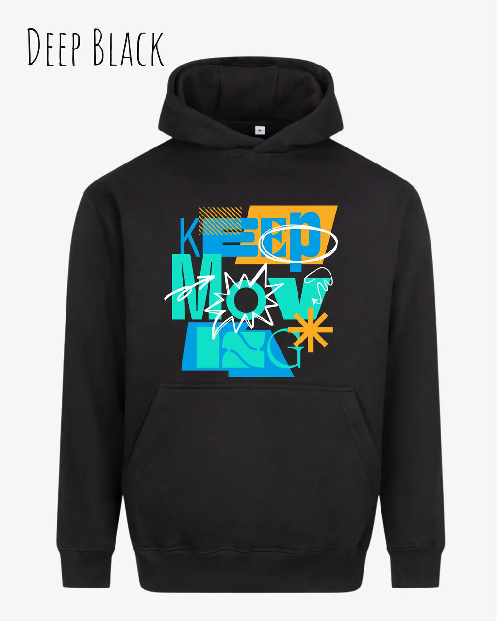 das bild zeigt den Oversized Design-Hoodie JH111 in der farbe deep black mit dem motivierenden motiv "keep moving".