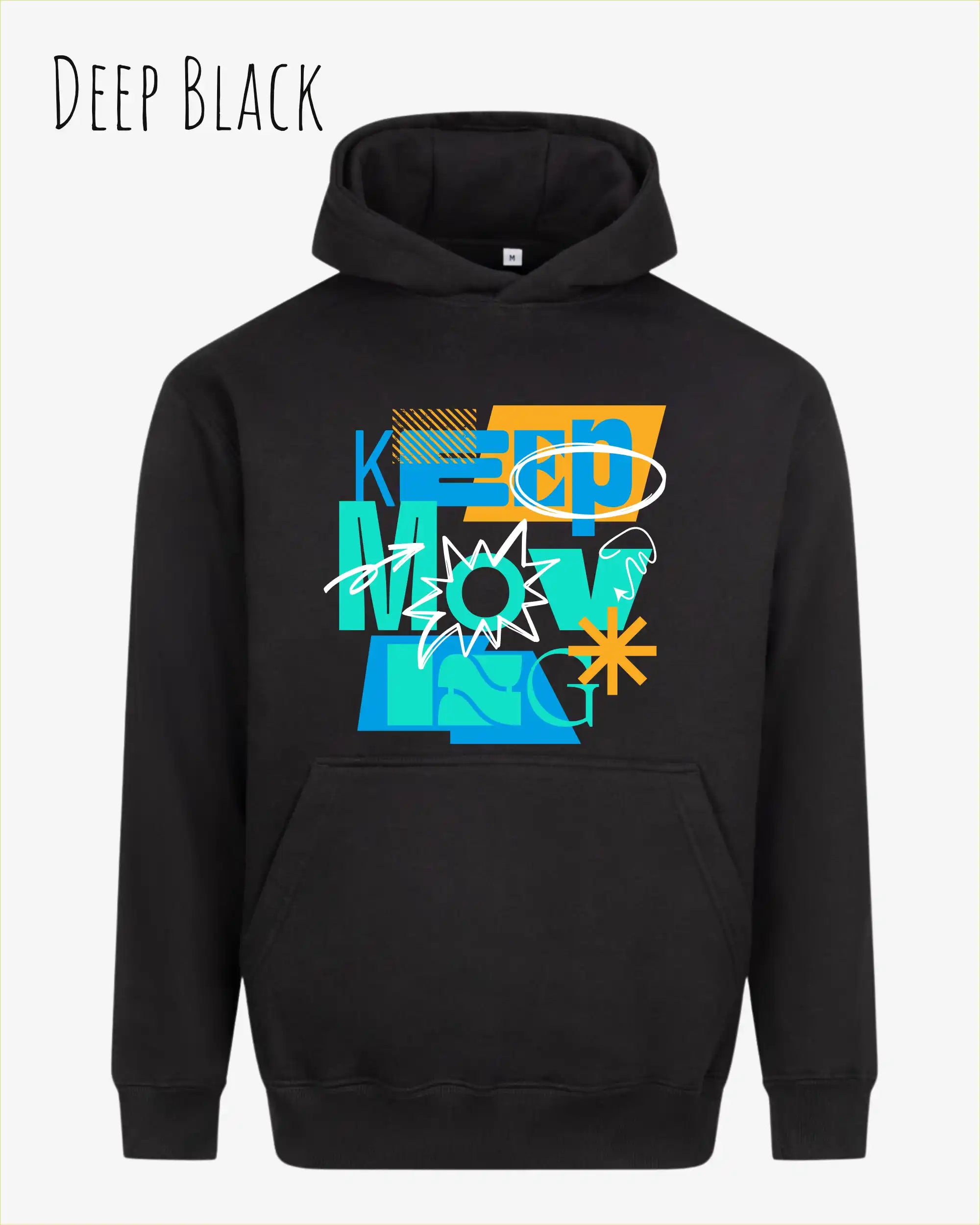 das bild zeigt den Oversized Design-Hoodie JH111 in der farbe deep black mit dem motivierenden motiv "keep moving".