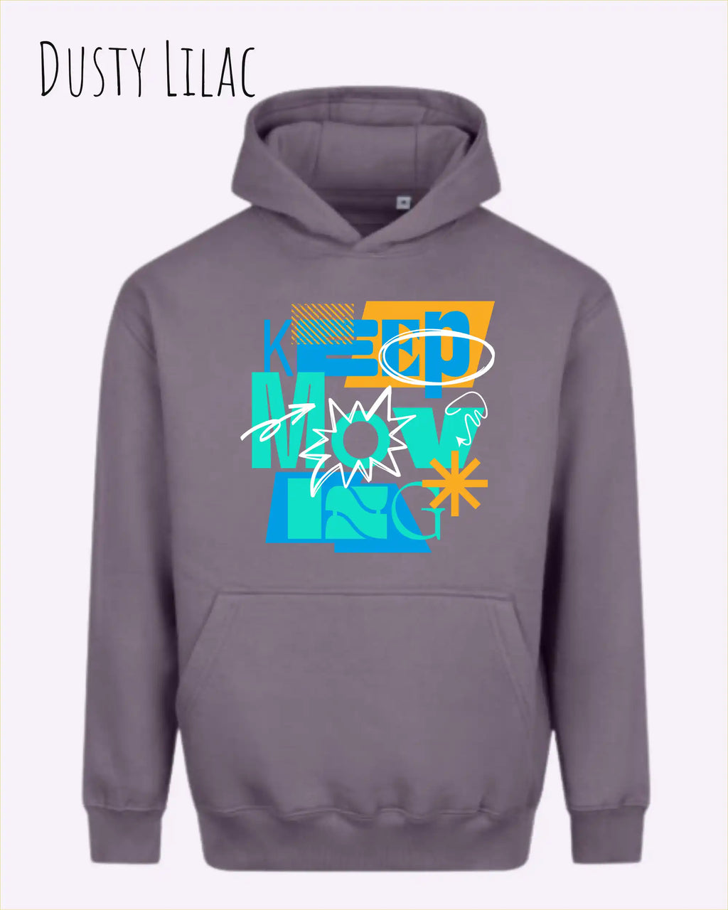 das bild zeigt den Oversized Design-Hoodie JH111 in der farbe dusty lilac mit dem motivierenden motiv "keep moving".