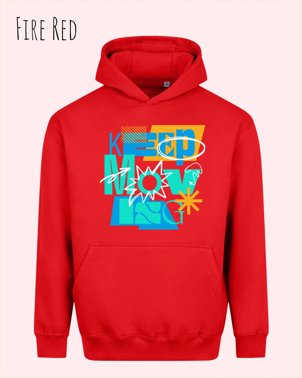 das bild zeigt den Oversized Design-Hoodie JH111 in der farbe fire red mit dem motivierenden motiv "keep moving".