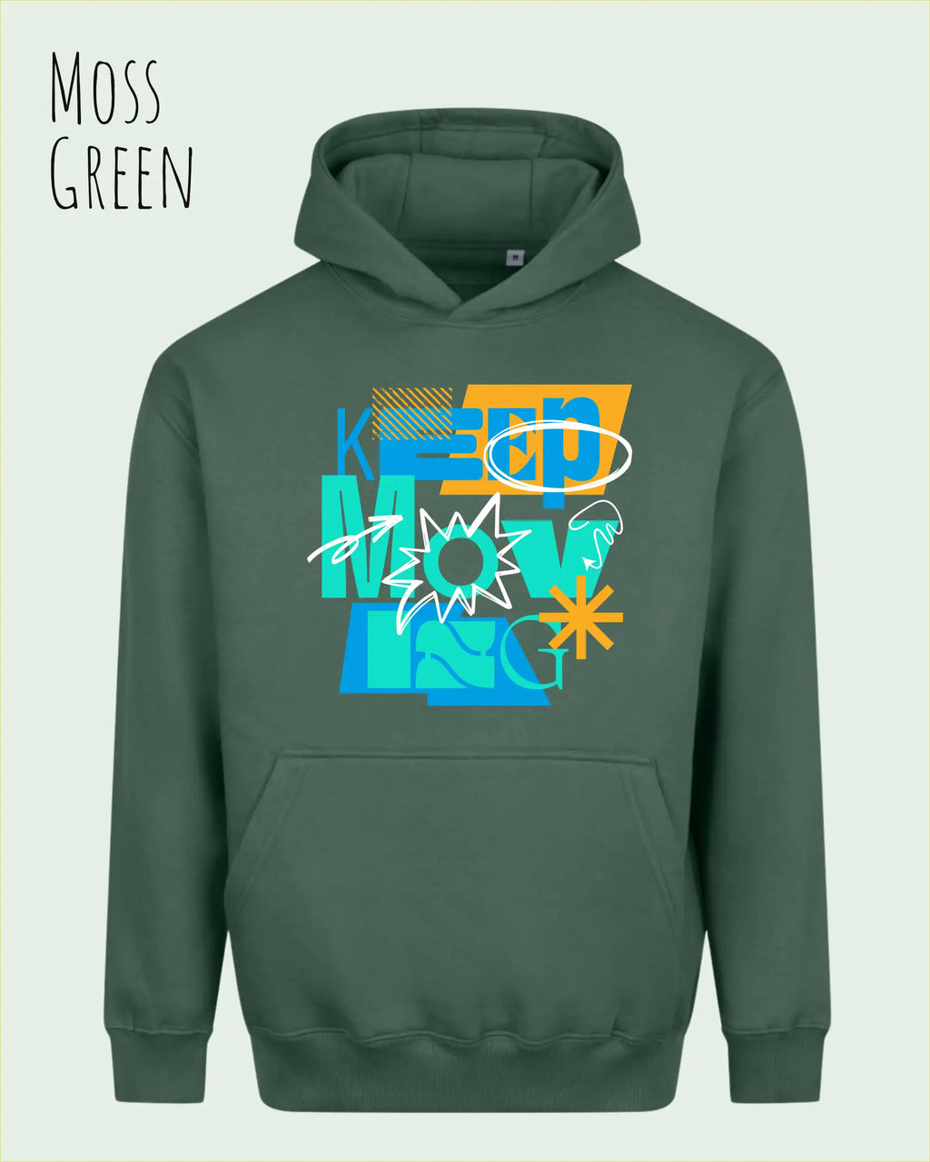 das bild zeigt den Oversized Design-Hoodie JH111 in der moss green mit dem motivierenden motiv "keep moving".