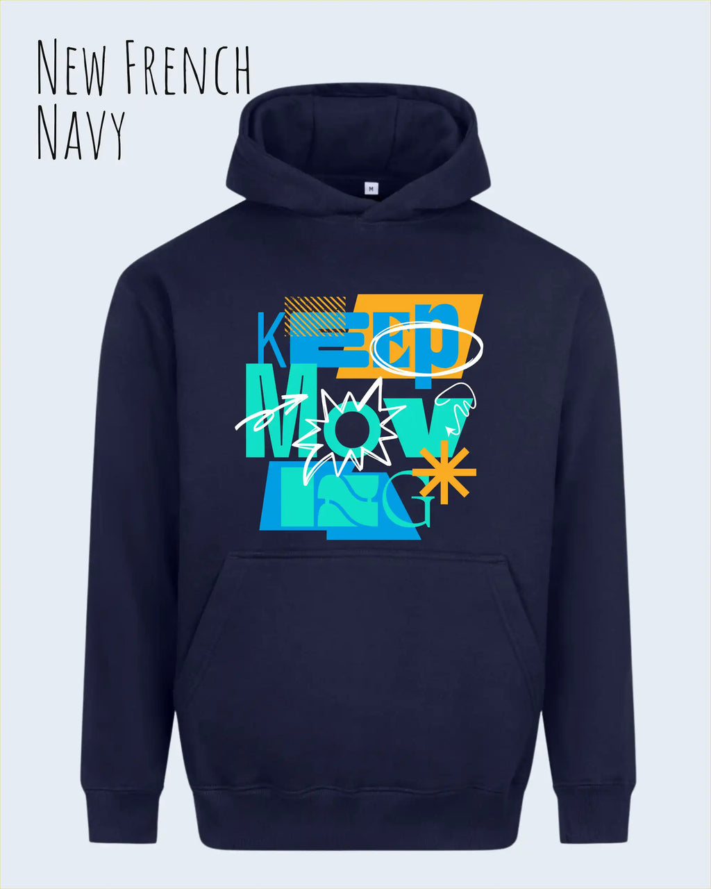das bild zeigt den Oversized Design-Hoodie JH111 in der farbe new french navy mit dem motivierenden motiv "keep moving".