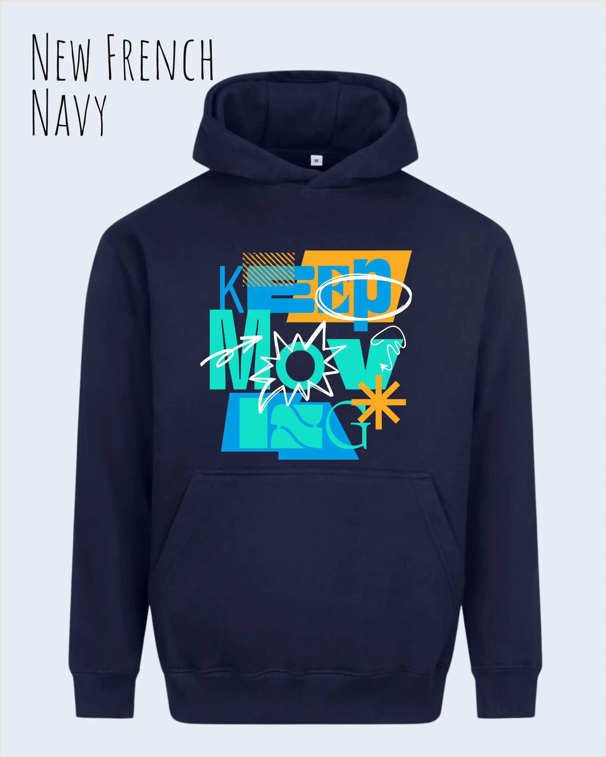 das bild zeigt den Oversized Design-Hoodie JH111 in der farbe new french navy mit dem motivierenden motiv "keep moving".