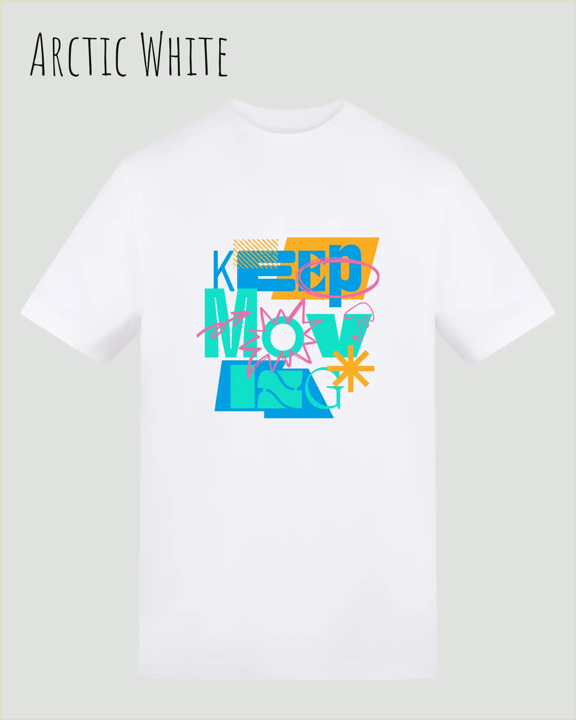 das bild zeigt das unisex t-shirt von awdis in der farbe arctic white mit dem design keep moving.