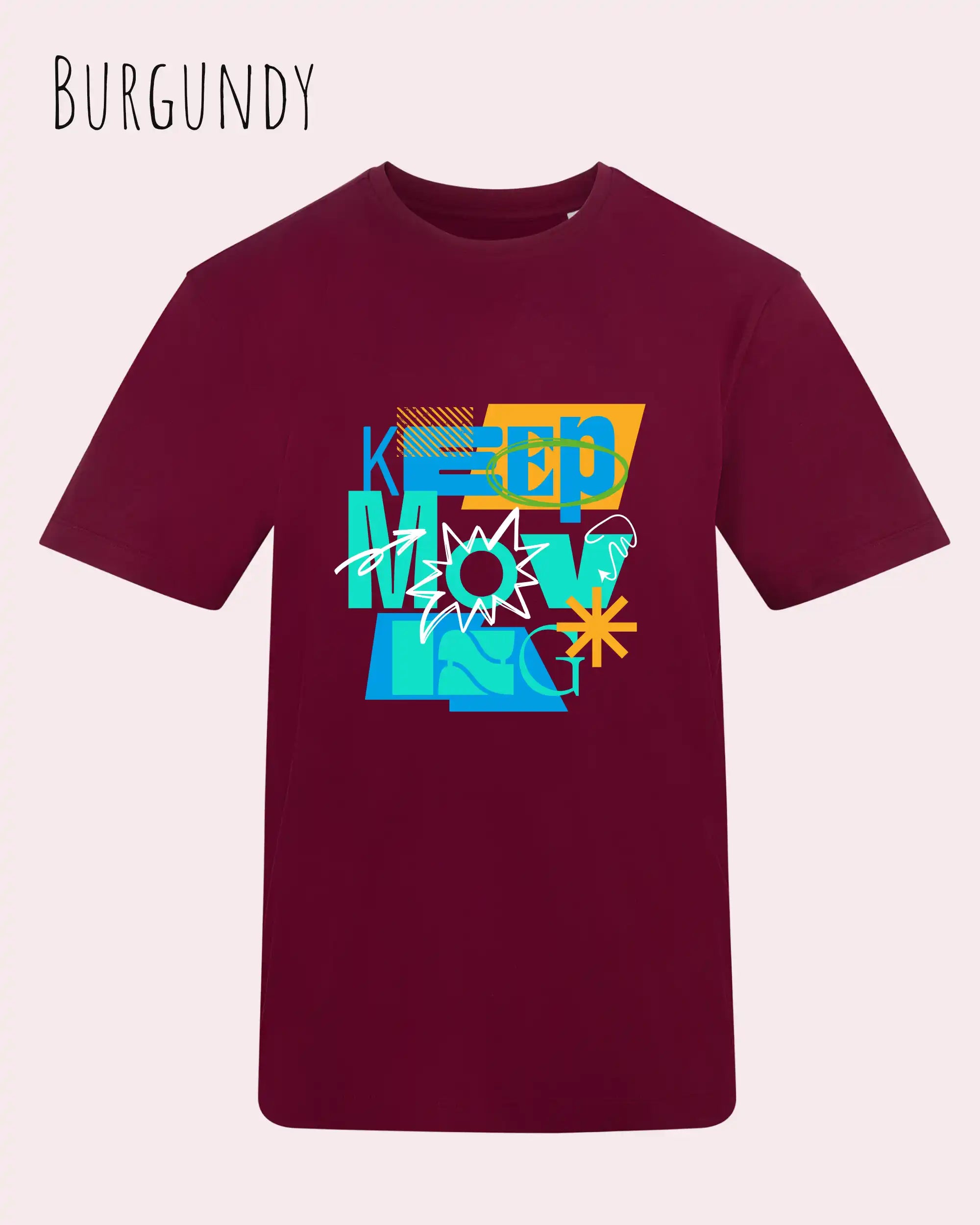 das bild zeigt das unisex t-shirt von awdis in der farbe Burgund mit dem design keep moving.