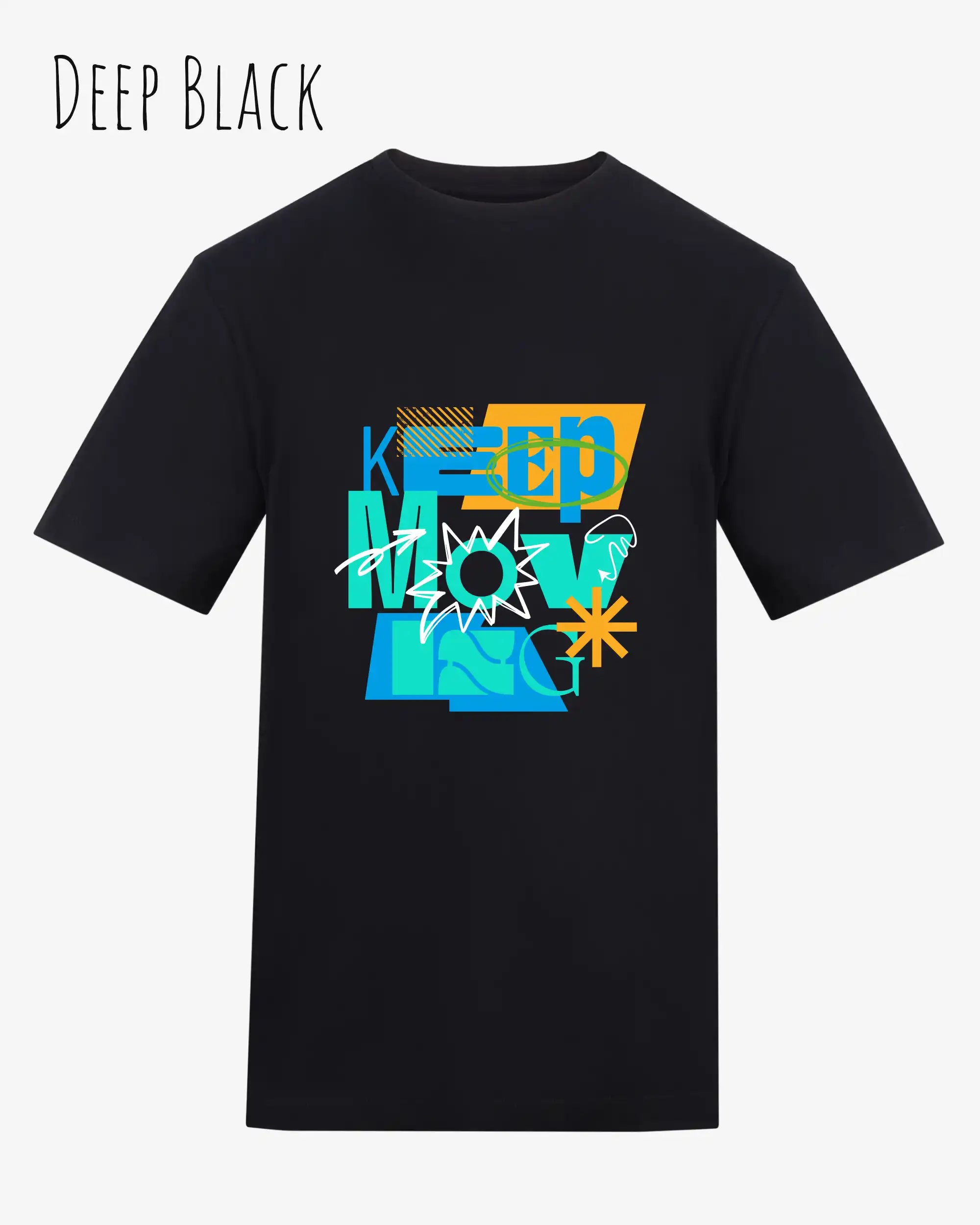 das bild zeigt das unisex t-shirt von awdis in der farbe deep black  mit dem design keep moving.