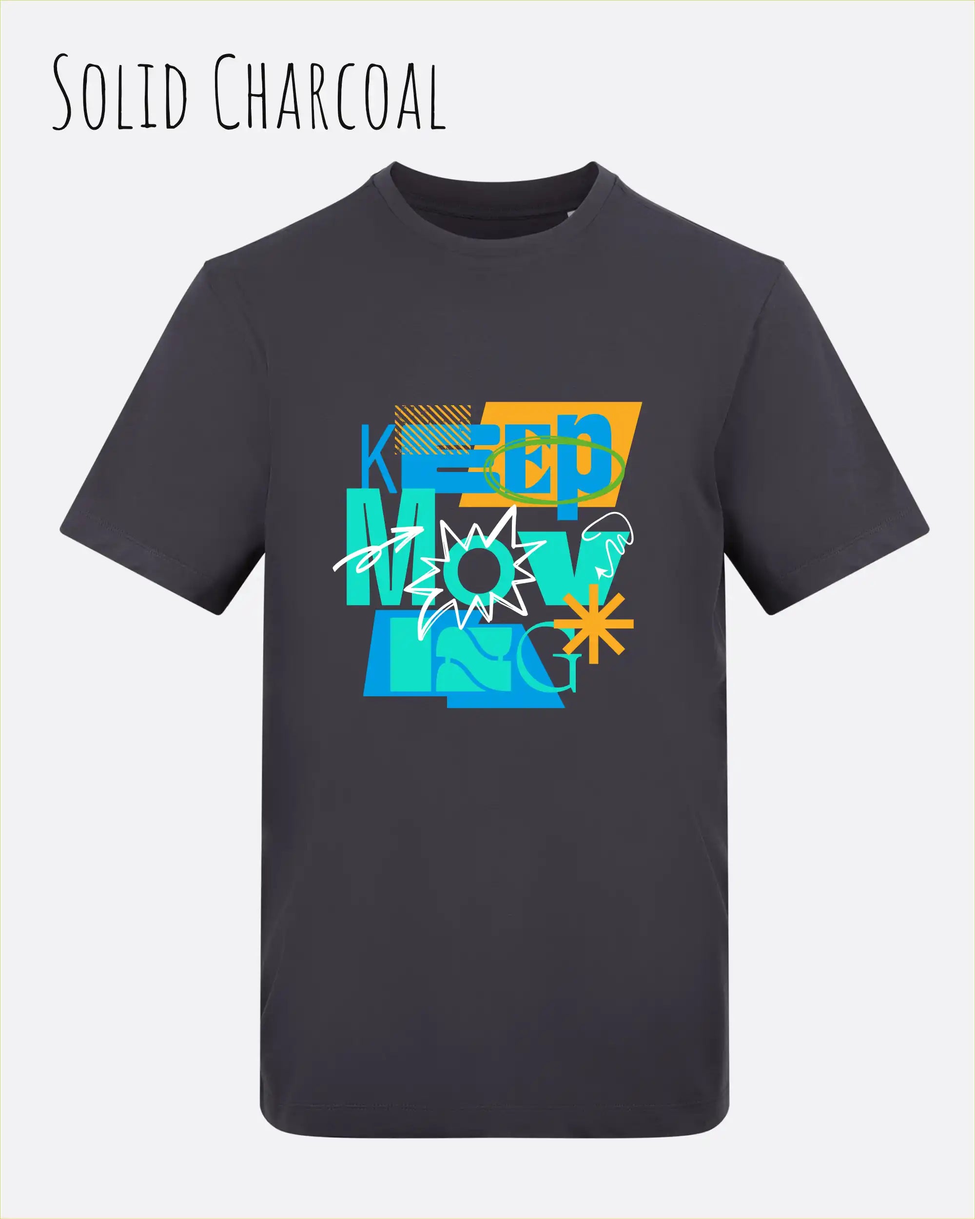 das bild zeigt das unisex t-shirt von awdis in der farbe solid charcoal mit dem design keep moving.