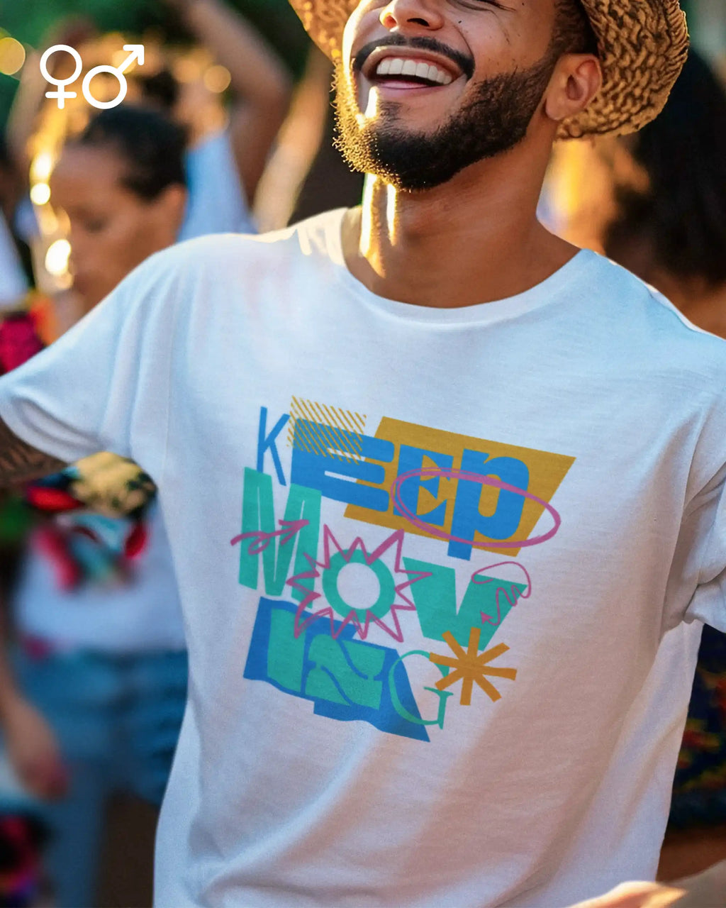 Lachner mann trägt ein design-t-shirt mit dem mit dem Motiv keep moving.
