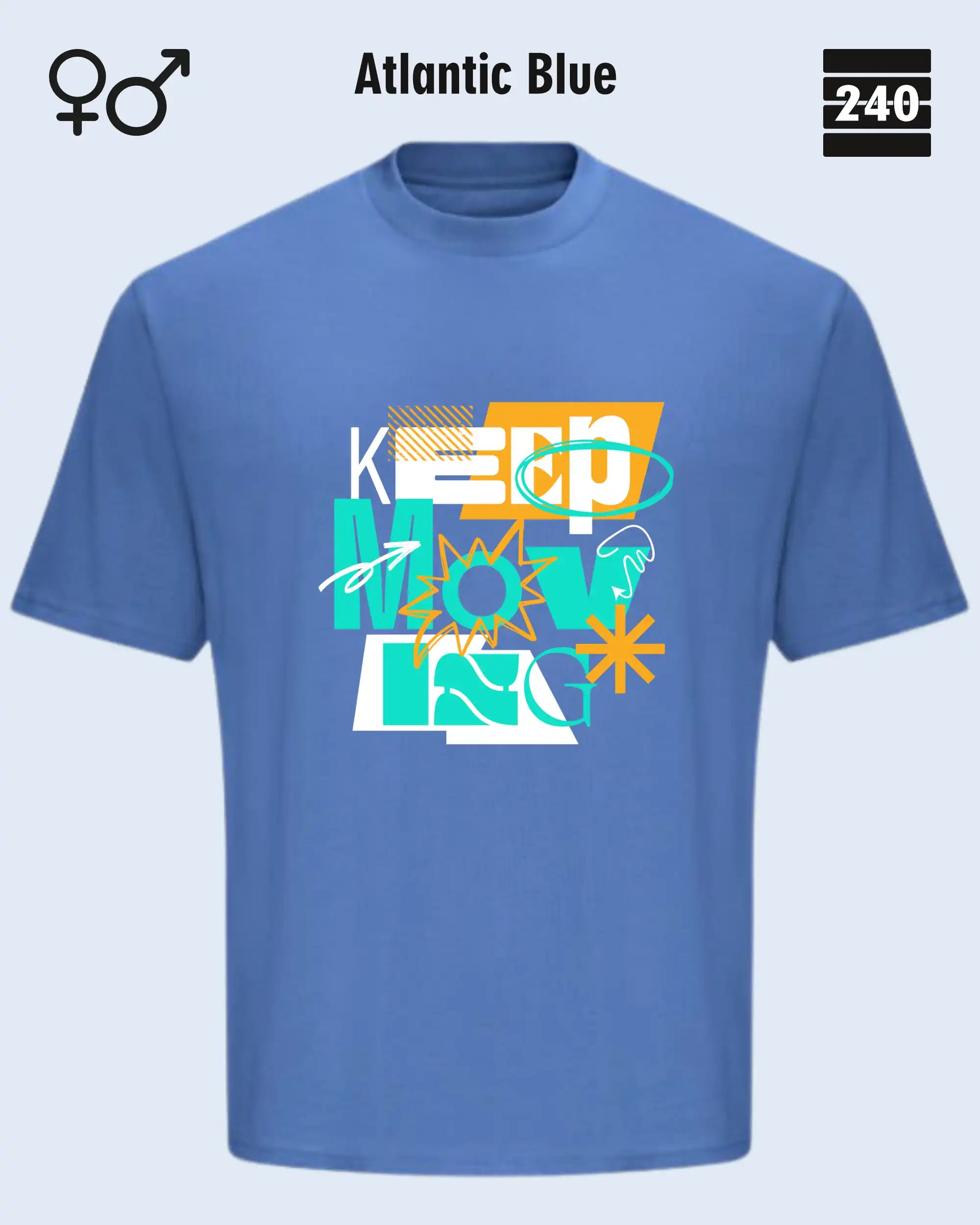 das bild zeigt das oversized heavyweight t-shirt awdis 240 T  in atlantic blue mit dem design keep moving.