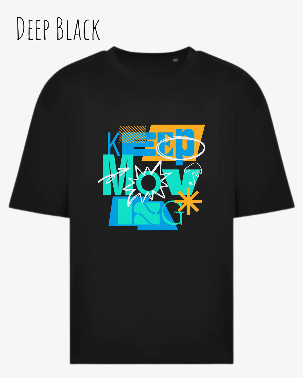 das bild zeigt das oversized heavyweight design-t-shirt awdis 240 t in der Farbe deep black mit dem motivierenden Schriftzug „KEEP MOVING“.