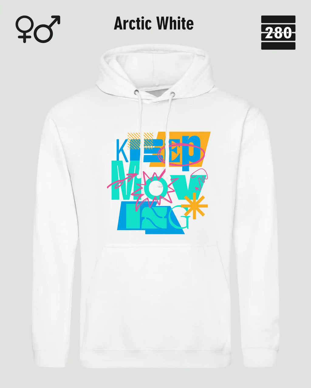 das bild zeigt den design hoodie jh001 von just hoods in der farbe arctic white und mit dem motiv keep moving.
