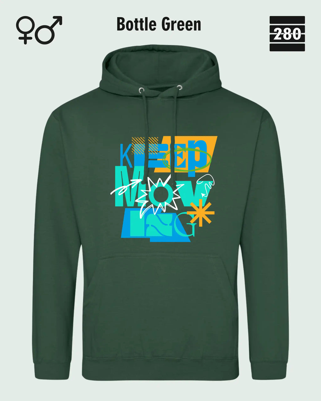 das bild zeigt den design hoodie jh001 von just hoods in der farbe bottle green und mit dem motiv keep moving.