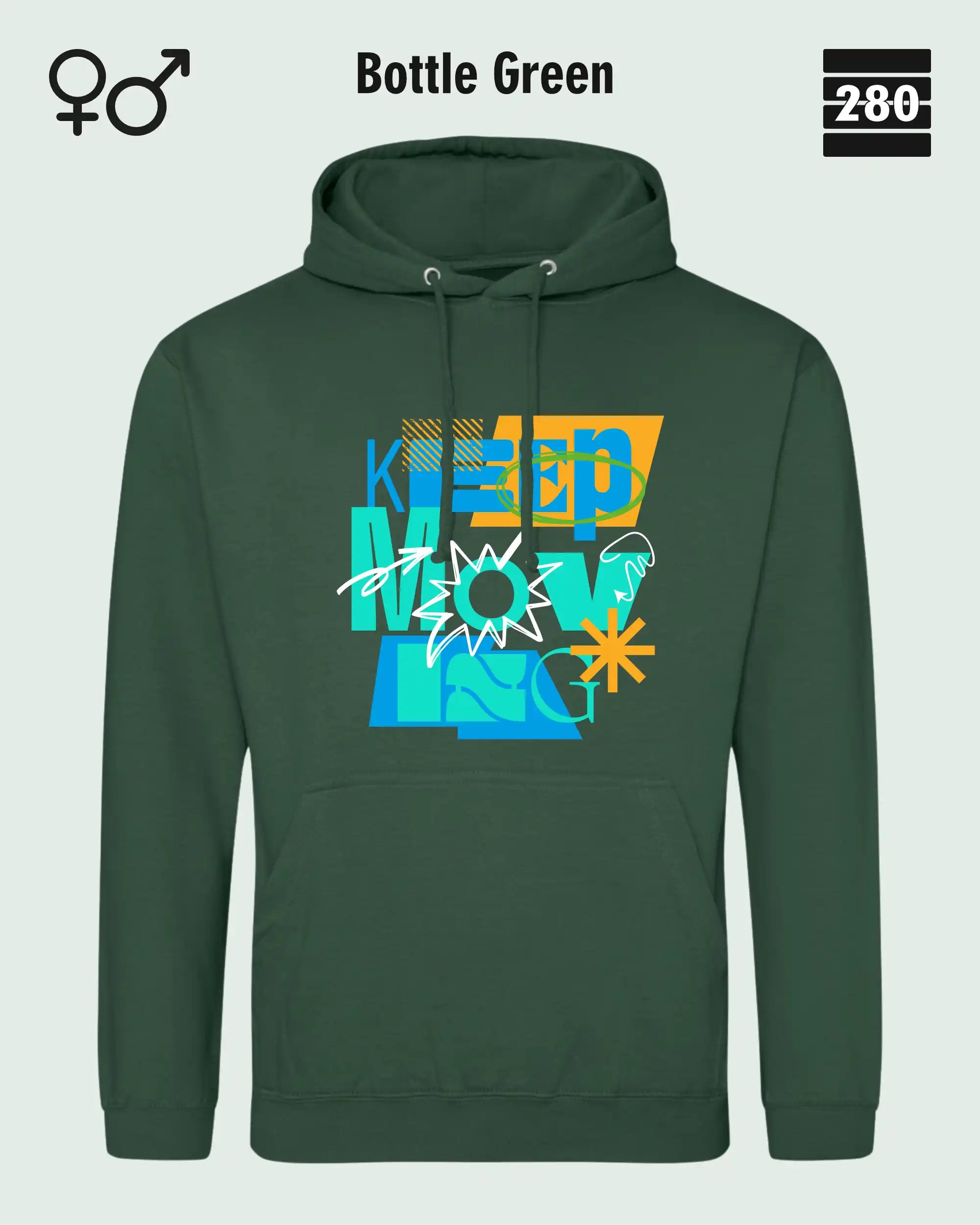 das bild zeigt den design hoodie jh001 von just hoods in der farbe bottle green und mit dem motiv keep moving.
