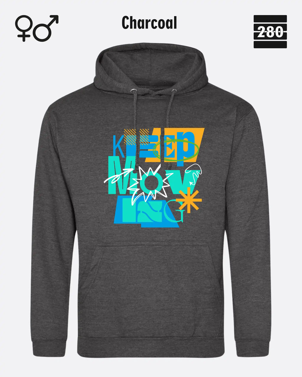 das bild zeigt den design hoodie jh001 von just hoods in der farbe charcoal und mit dem motiv keep moving.