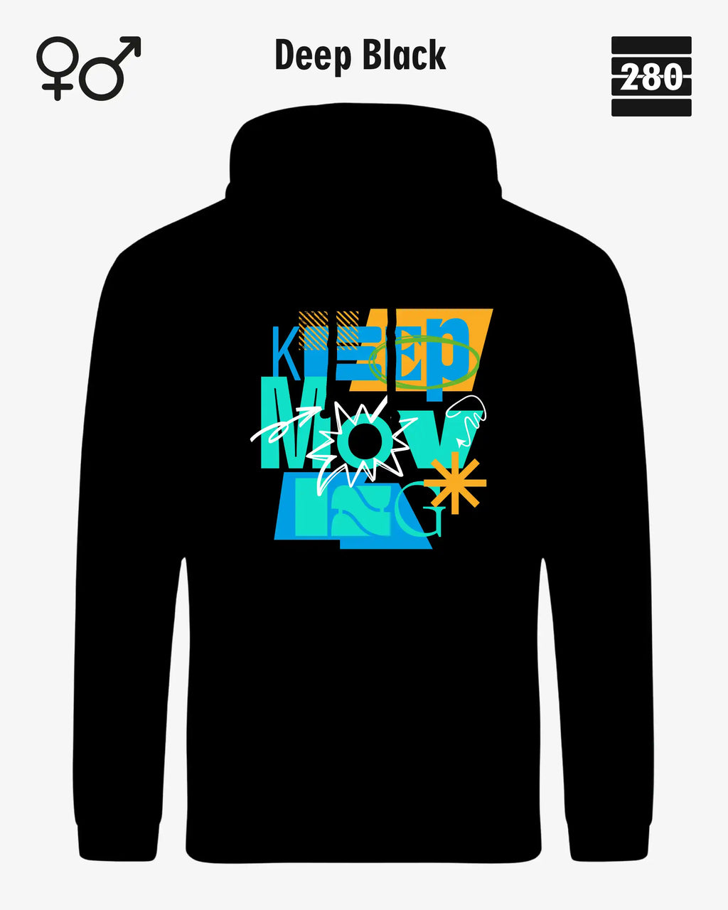 das bild zeigt den design hoodie jh001 von just hoods in der farbe deep black und mit dem motiv keep moving.