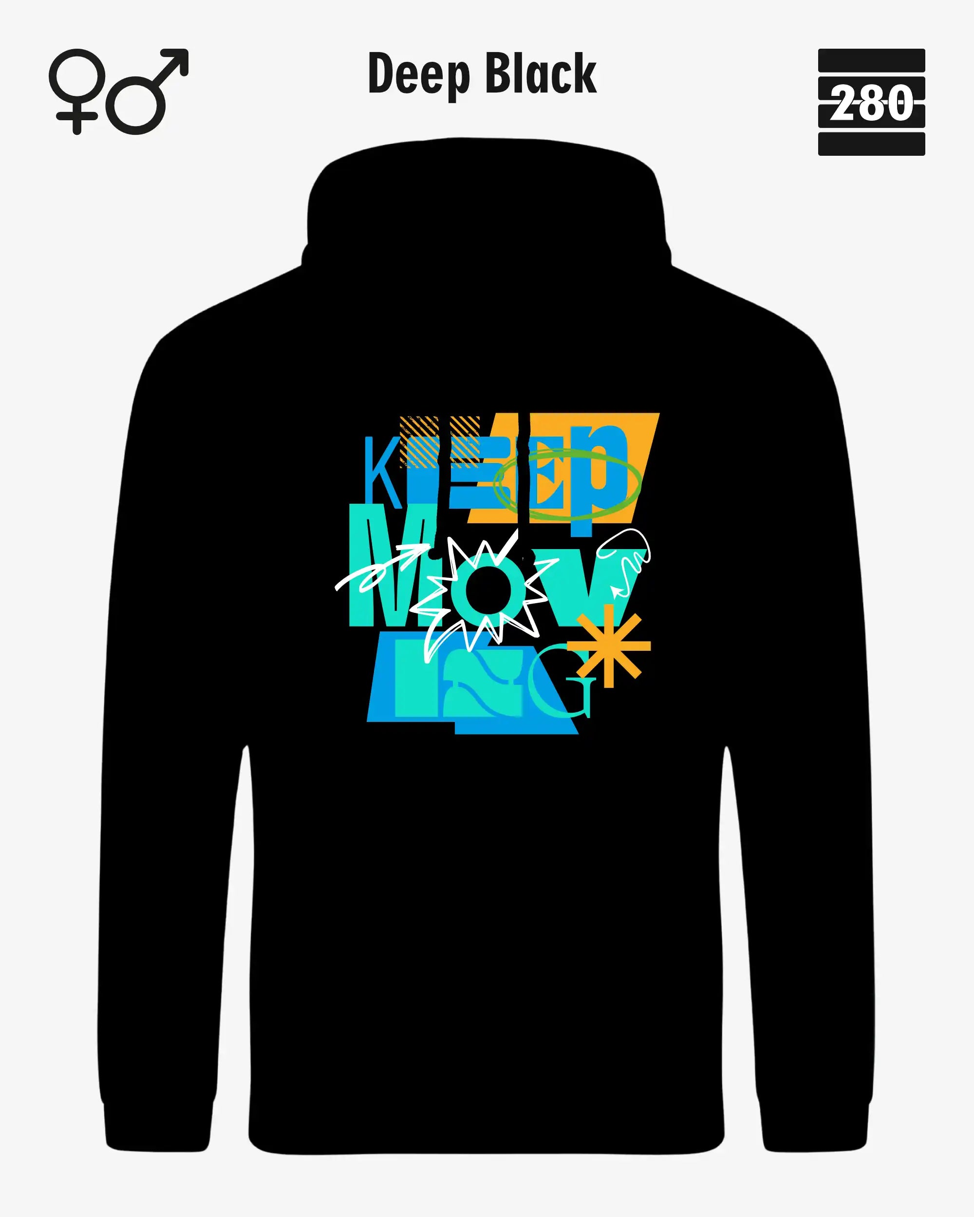das bild zeigt den design hoodie jh001 von just hoods in der farbe deep black und mit dem motiv keep moving.