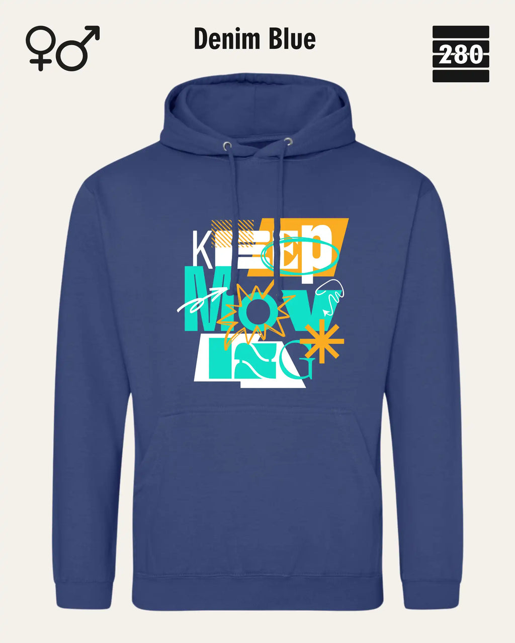 das bild zeigt den design hoodie jh001 von just hoods in der farbe denim blue und mit dem motiv keep moving.