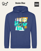 das bild zeigt den design hoodie jh001 von just hoods in der farbe denim blue und mit dem motiv keep moving.