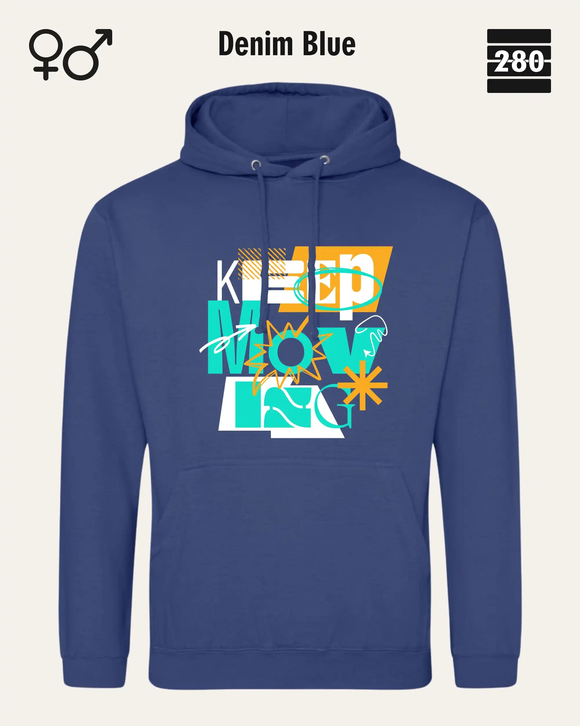 das bild zeigt den design hoodie jh001 von just hoods in der farbe denim blue und mit dem motiv keep moving.