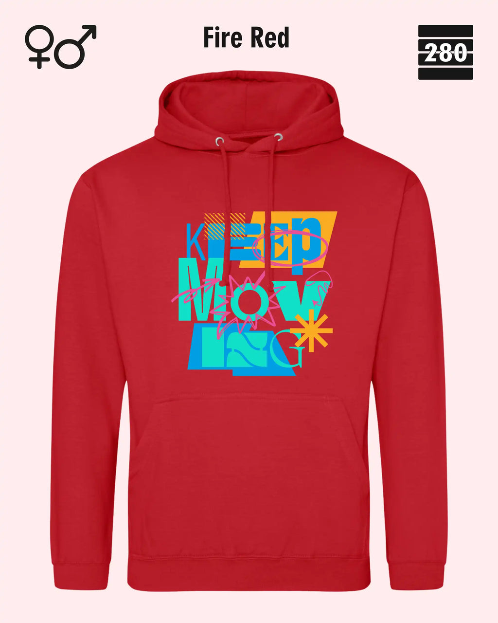 das bild zeigt den design hoodie jh001 von just hoods in der farbe fire red und mit dem motiv keep moving.