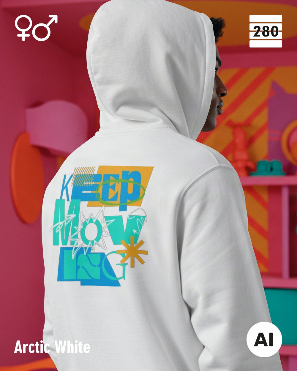 ein mann trägt einen unisex design hoodie in der farbe arctic white mit dem motiv keep moving auf dem rücken