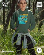 eine frau trägt einen unisex design hoodie in der farbe bottle green mit dem motiv keep moving.