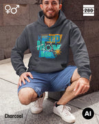 ein mann in der hocke trägt einen unisex design hoodie in der farbe charcoal mit dem motiv keep moving.
