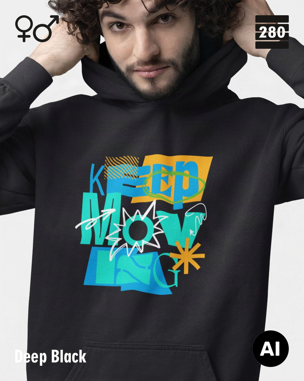 ein mann trägt einen unisex design hoodie in der farbe deep black mit dem motiv keep moving.