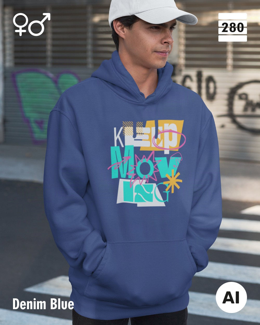 ein mann trägt einen unisex design hoodie in der farbe denim blue mit dem motiv keep moving.