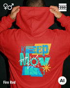 ein mann trägt einen unisex design hoodie in der farbe fire red mit dem backprint keep moving.