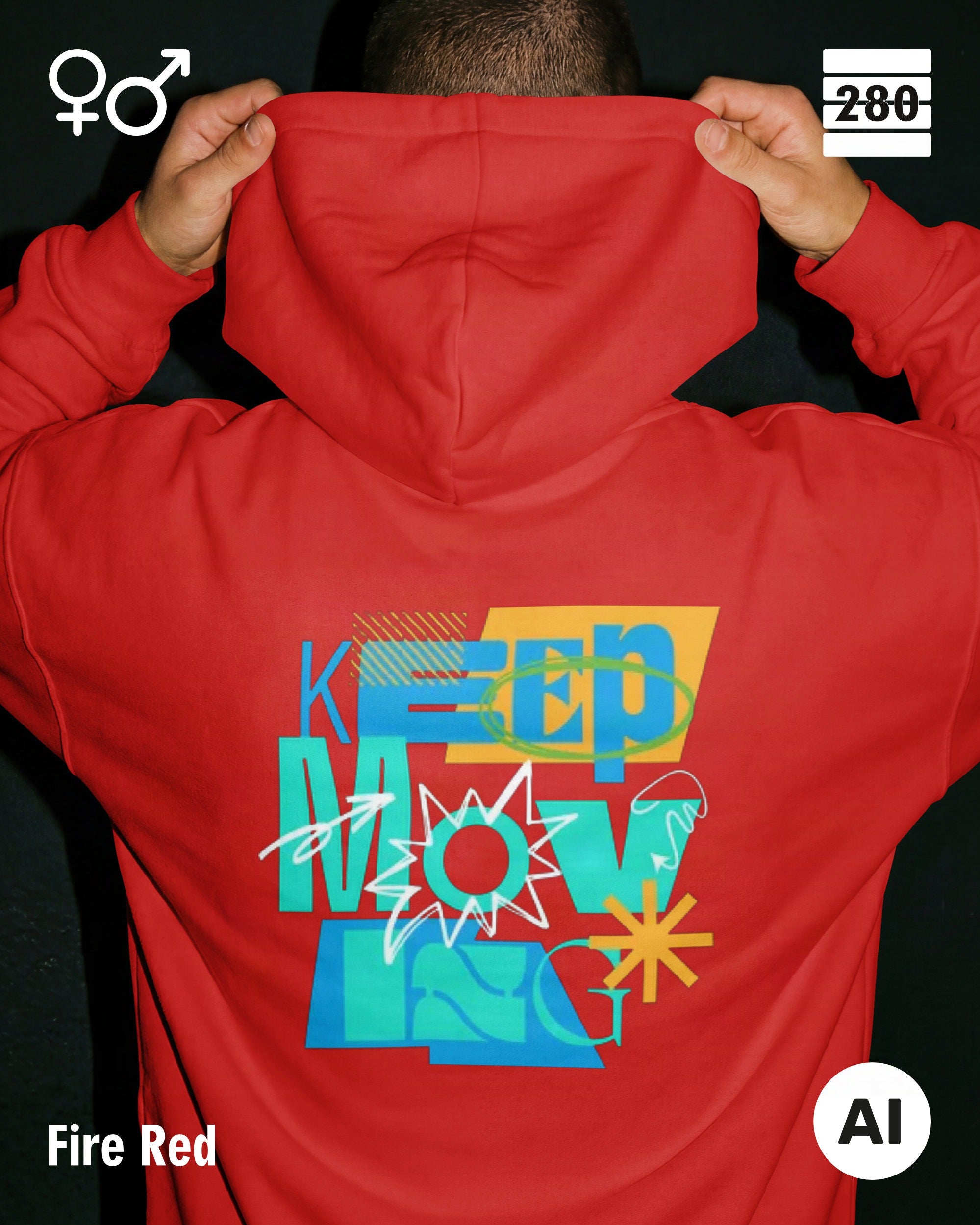 ein mann trägt einen unisex design hoodie in der farbe fire red mit dem backprint keep moving.
