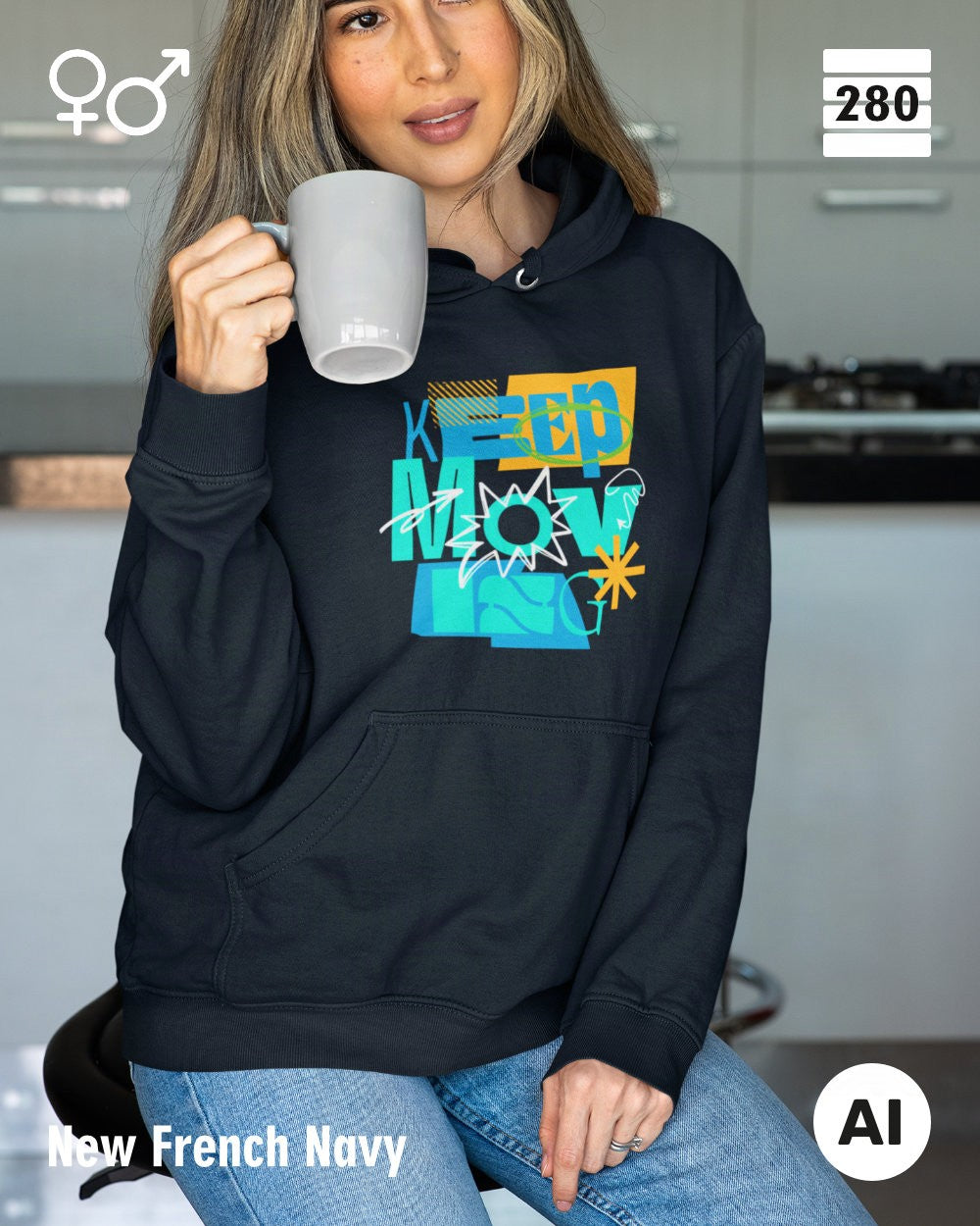 eine frau mit jeans trägt einen unisex design hoodie in der farbe new french navy mit dem motiv keep moving.