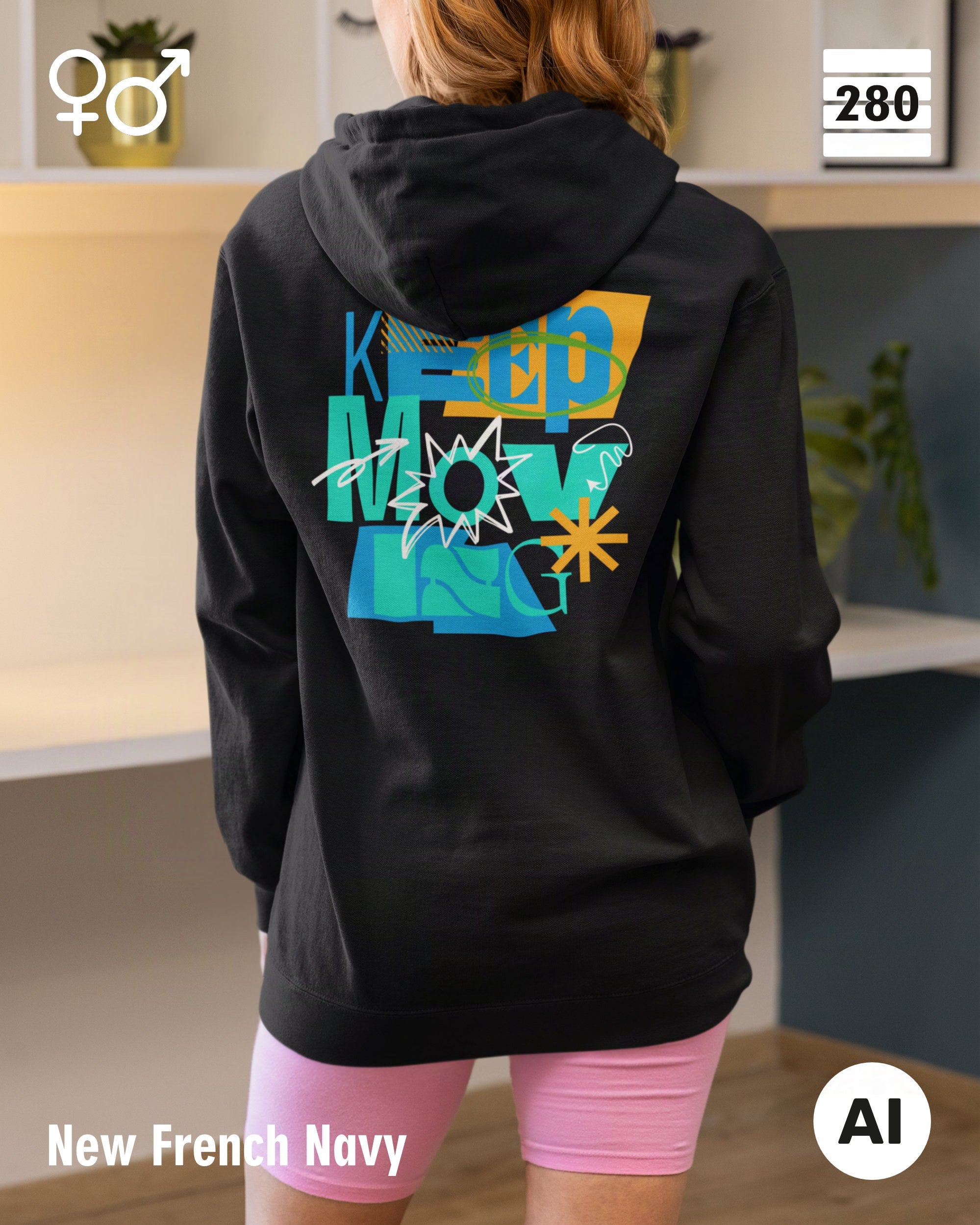 eine frau trägt einen unisex design hoodie in der farbe new french navy mit dem motiv keep moving.
