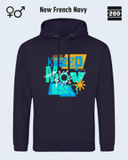 das bild zeigt den design hoodie jh001 von just hoods in der farbe new french navy und mit dem motiv keep moving.